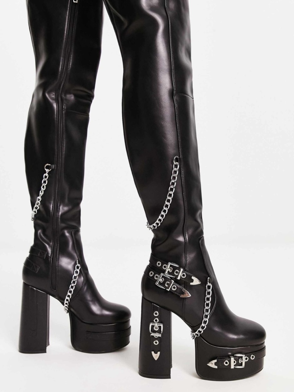 Black Over-the-Knee Platform Boots with Chain and Buckle Detail
